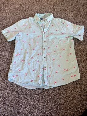 Old Navy Mint Green Short-Sleeve Button-Up Shirt with Pink Flamingo Print
